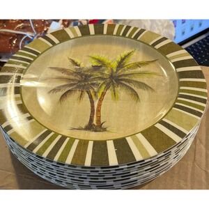 12 Tropical Palm Tree Melamine Dinner Plates 11 Inch Green Striped Coastal Set
